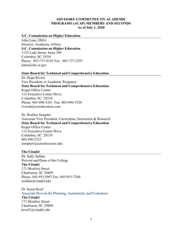 ADVISORY COMMITTEE on ACADEMIC PROGRAMS (ACAP) MEMBERS and SECONDS As of July 1, 2020