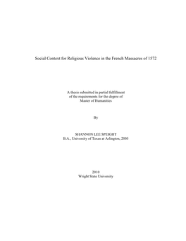 Social Context for Religious Violence in the French Massacres of 1572