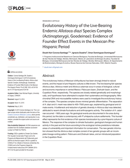 Allotoca Diazi Species Complex (Actinopterygii, Goodeinae): Evidence of Founder Effect Events in the Mexican Pre- Hispanic Period