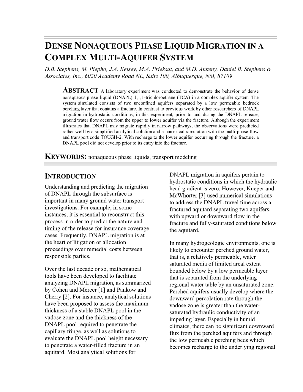 Dense Nonaqueous Phase Liquid Migration in a Complex Multi-Aquifer System D.B