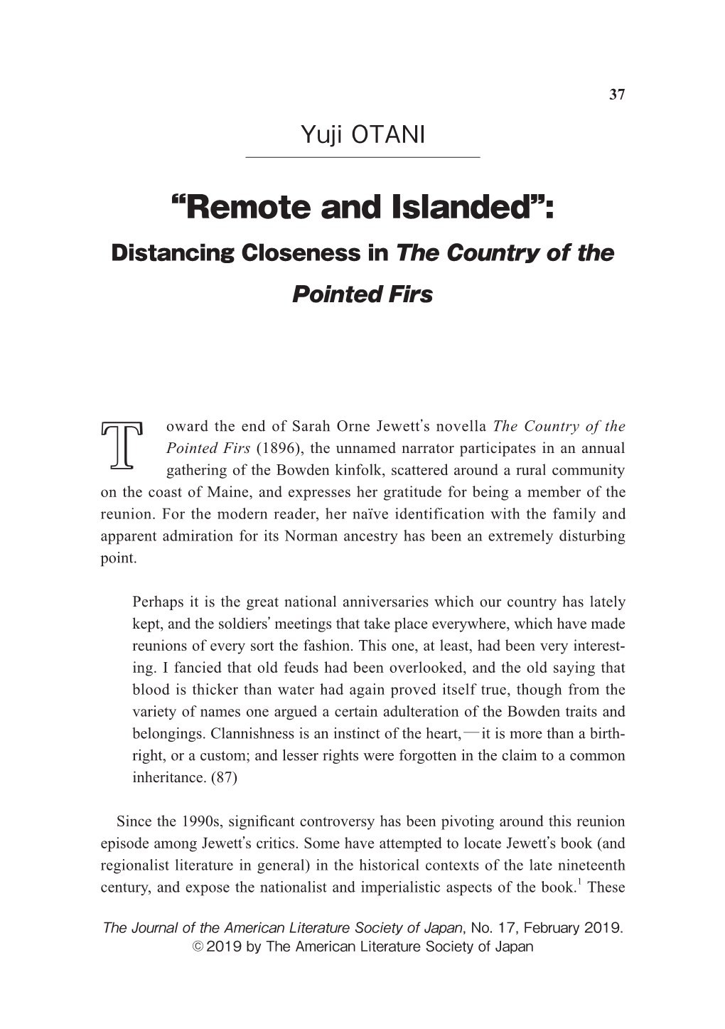 “Remote and Islanded”: Distancing Closeness in the Country of the Pointed Firs