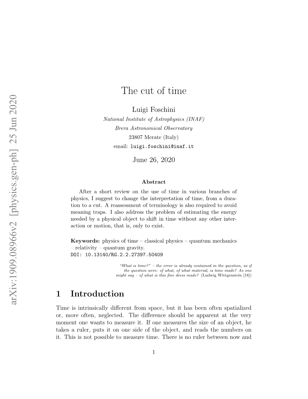 The Cut of Time Arxiv:1909.08966V2 [Physics.Gen-Ph] 25 Jun 2020