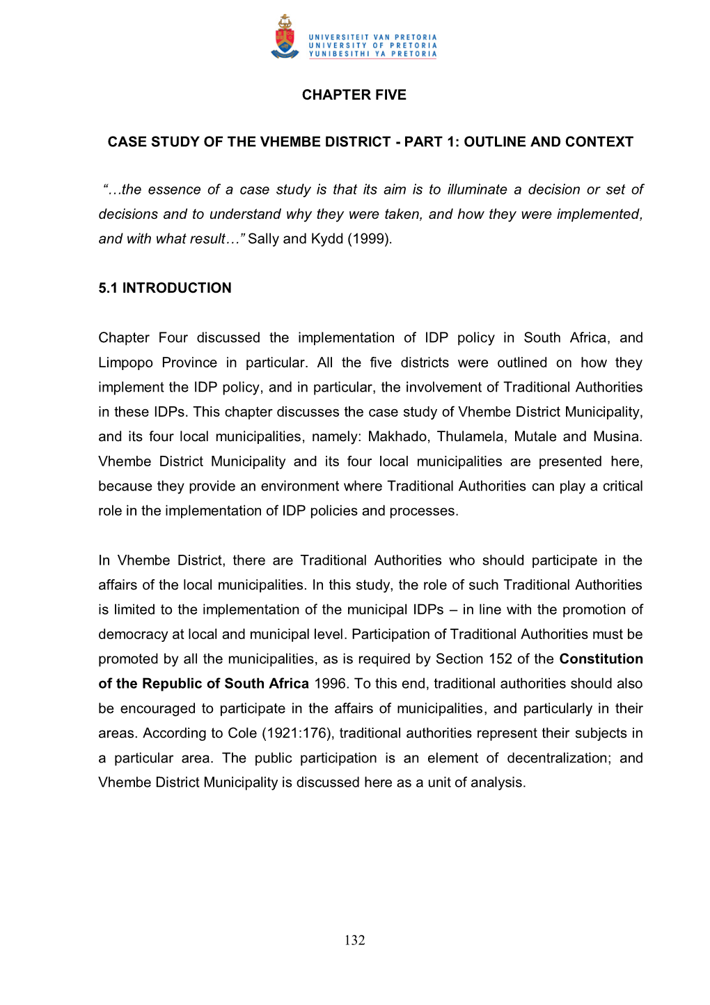 132 Chapter Five Case Study of the Vhembe District