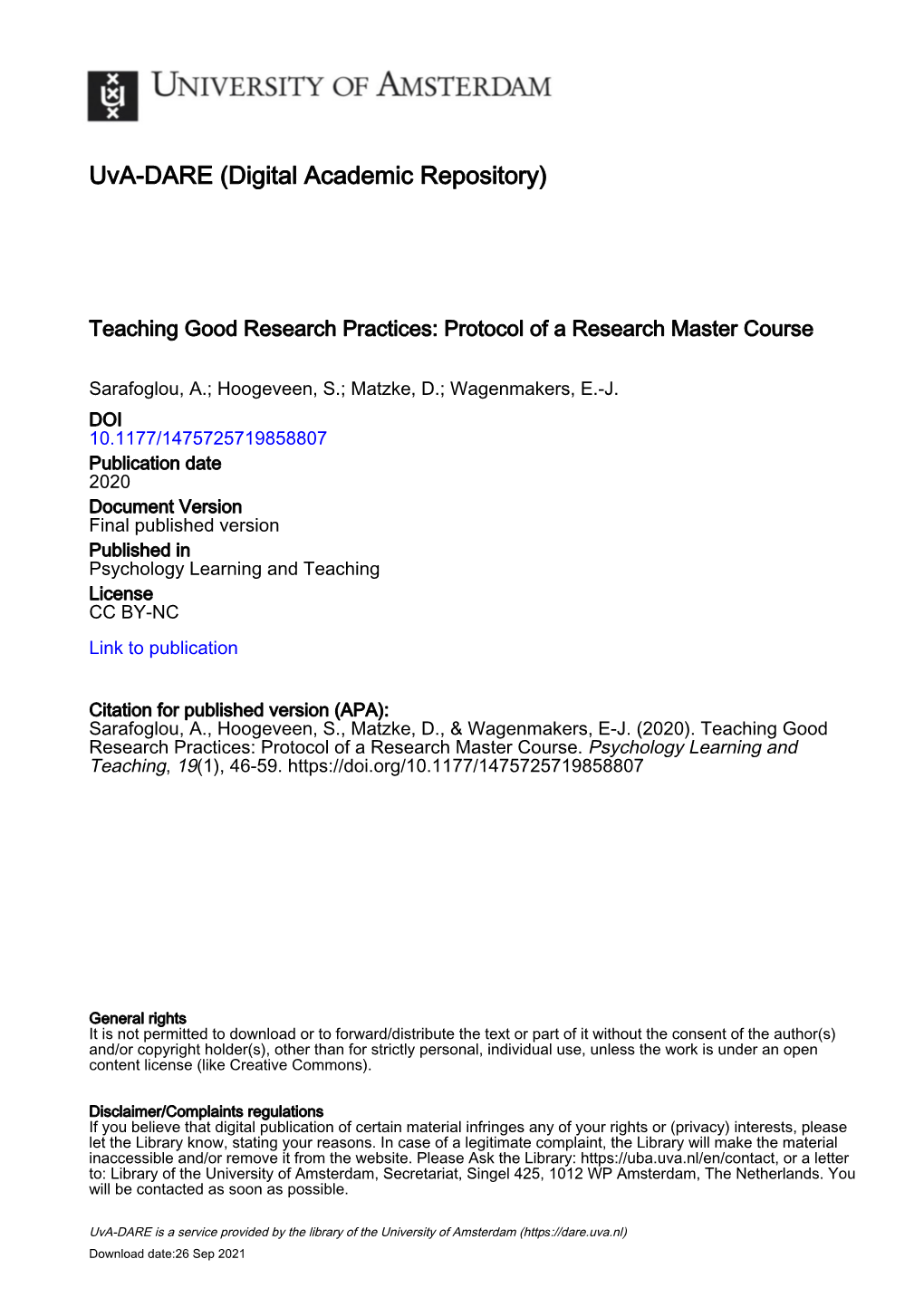 Teaching Good Research Practices: Protocol of a Research Master Course