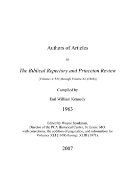 Authors of Articles in the Biblical Repertory and Princeton Review