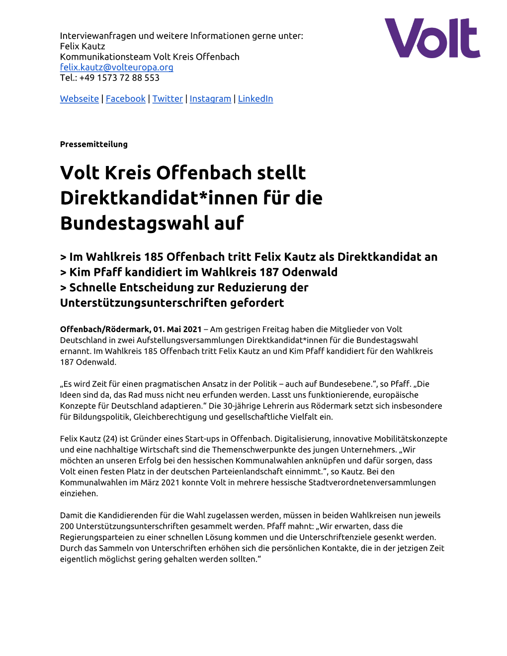 Volt Kreis Offenbach Stellt Direktkandidat*Innen Für Die Bundestagswahl Auf