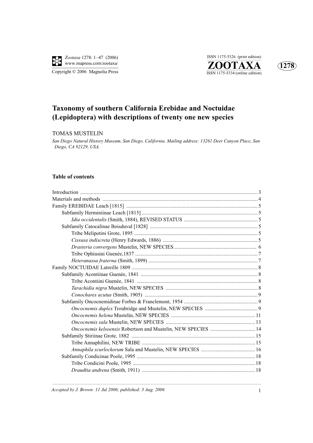 Zootaxa 1278: 1–47 (2006) ISSN 1175-5326 (Print Edition) ZOOTAXA 1278 Copyright © 2006 Magnolia Press ISSN 1175-5334 (Online Edition)