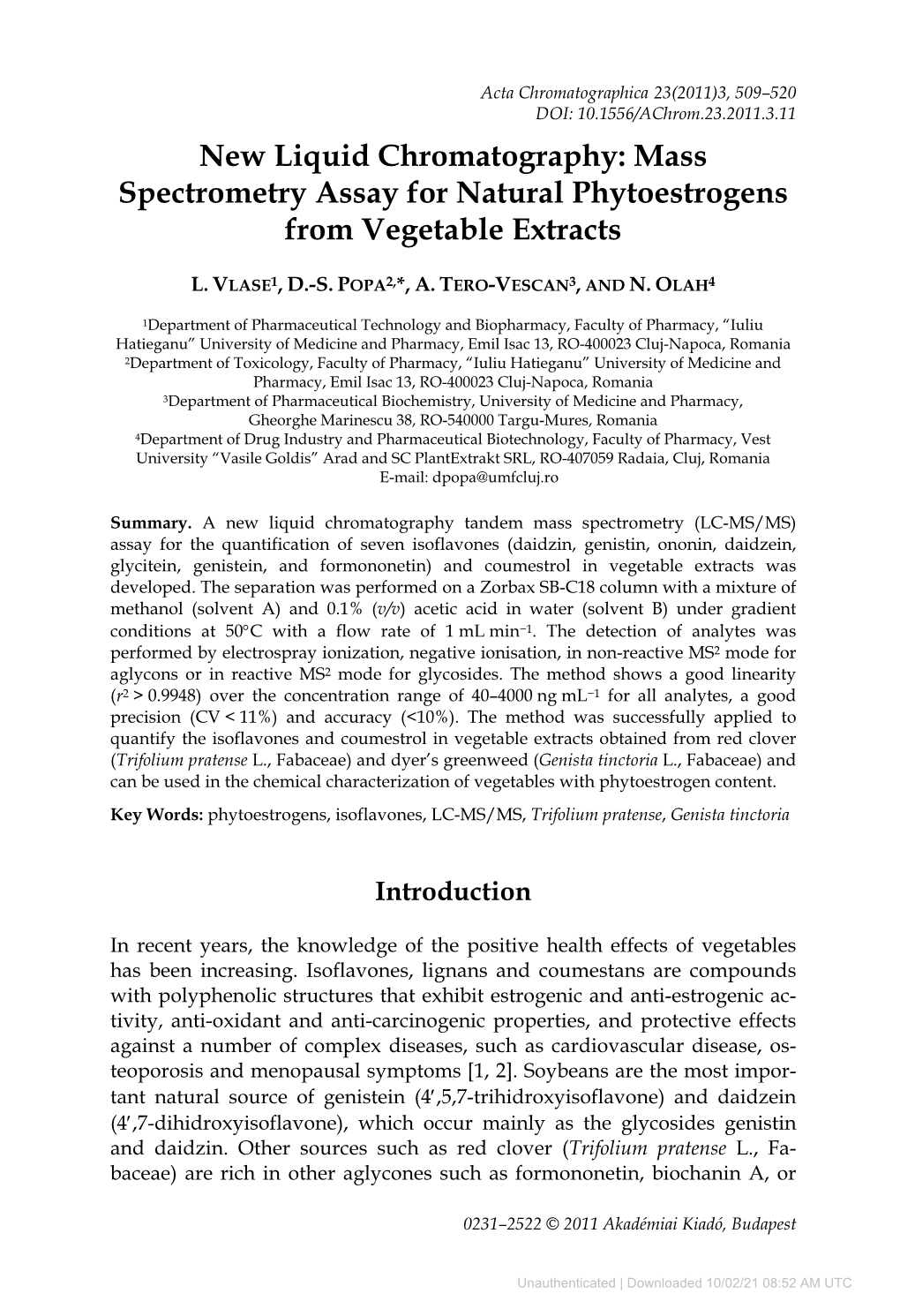 New Liquid Chromatography: Mass Spectrometry Assay for Natural Phytoestrogens from Vegetable Extracts