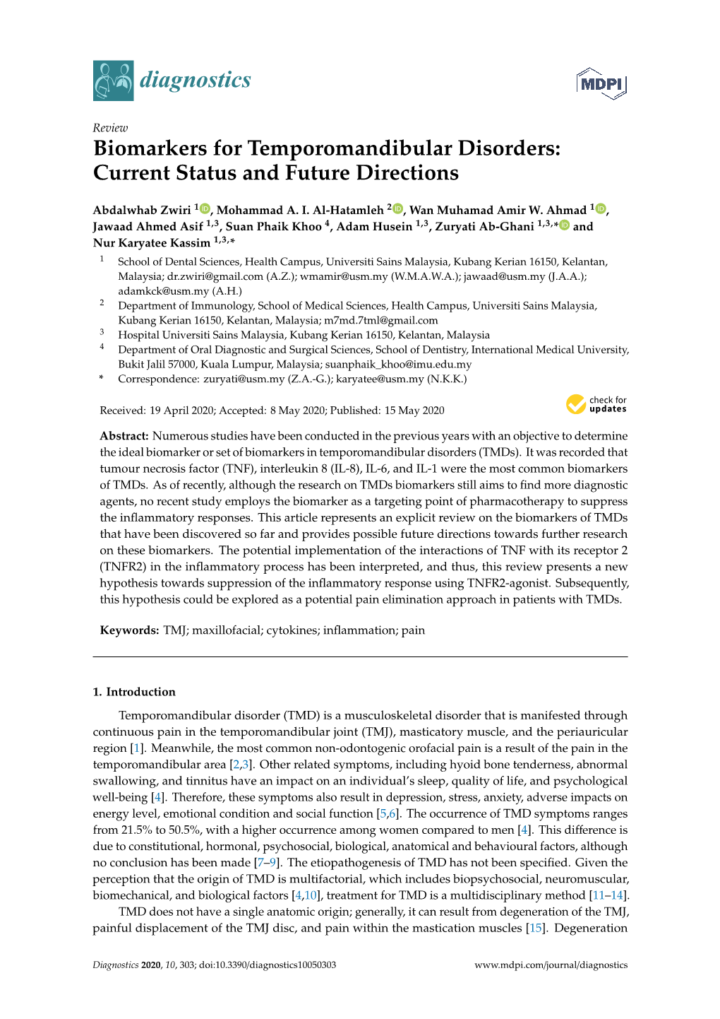 Biomarkers for Temporomandibular Disorders: Current Status and Future Directions