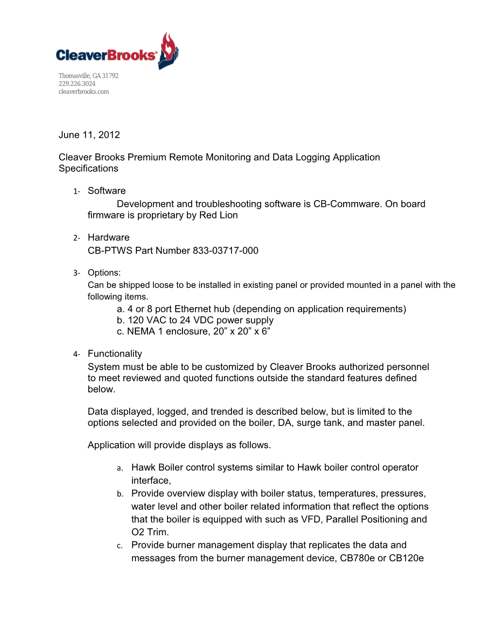 Cleaver Brooks Premium Remote Monitoring and Data Logging Application Specifications