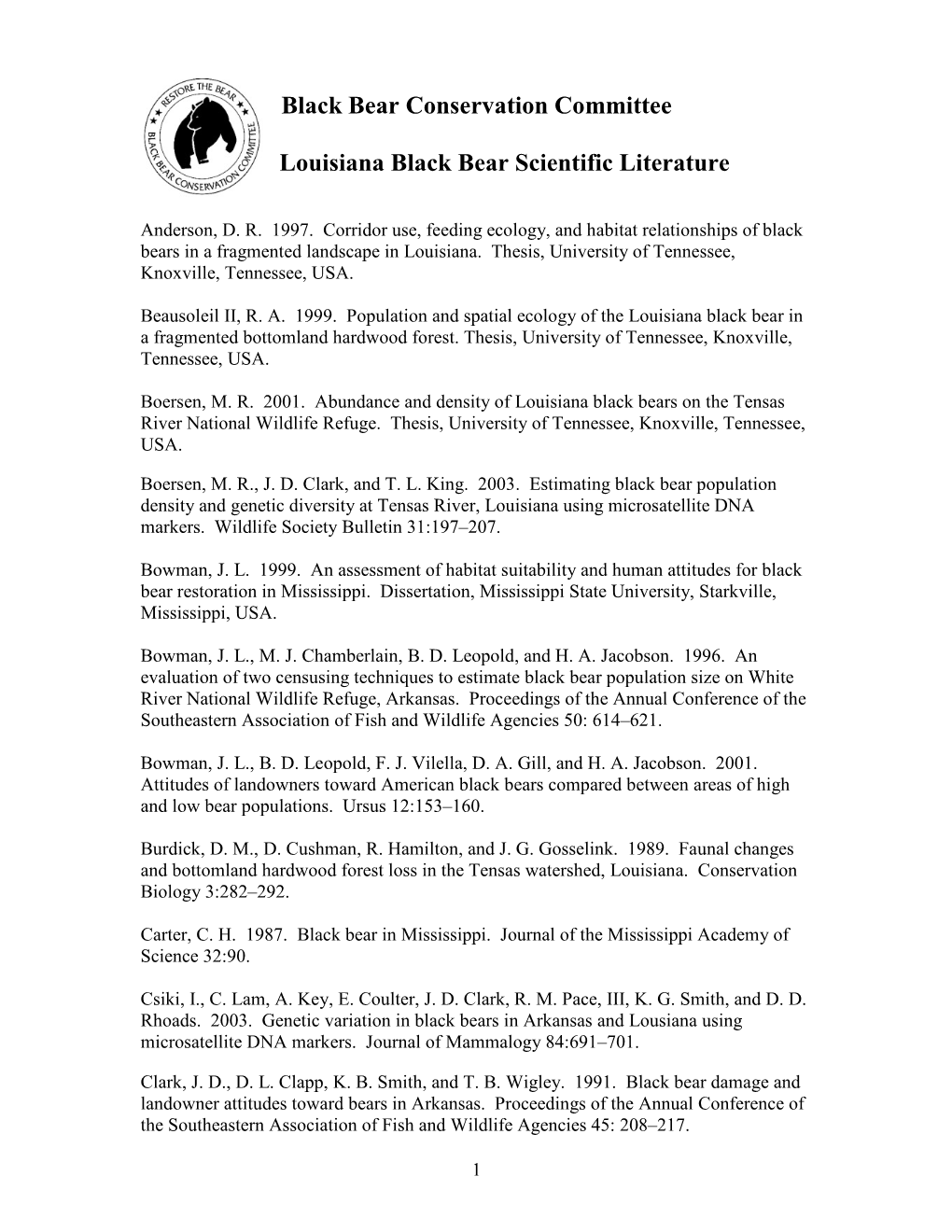 Black Bear Conservation Committee Louisiana Black Bear Scientific