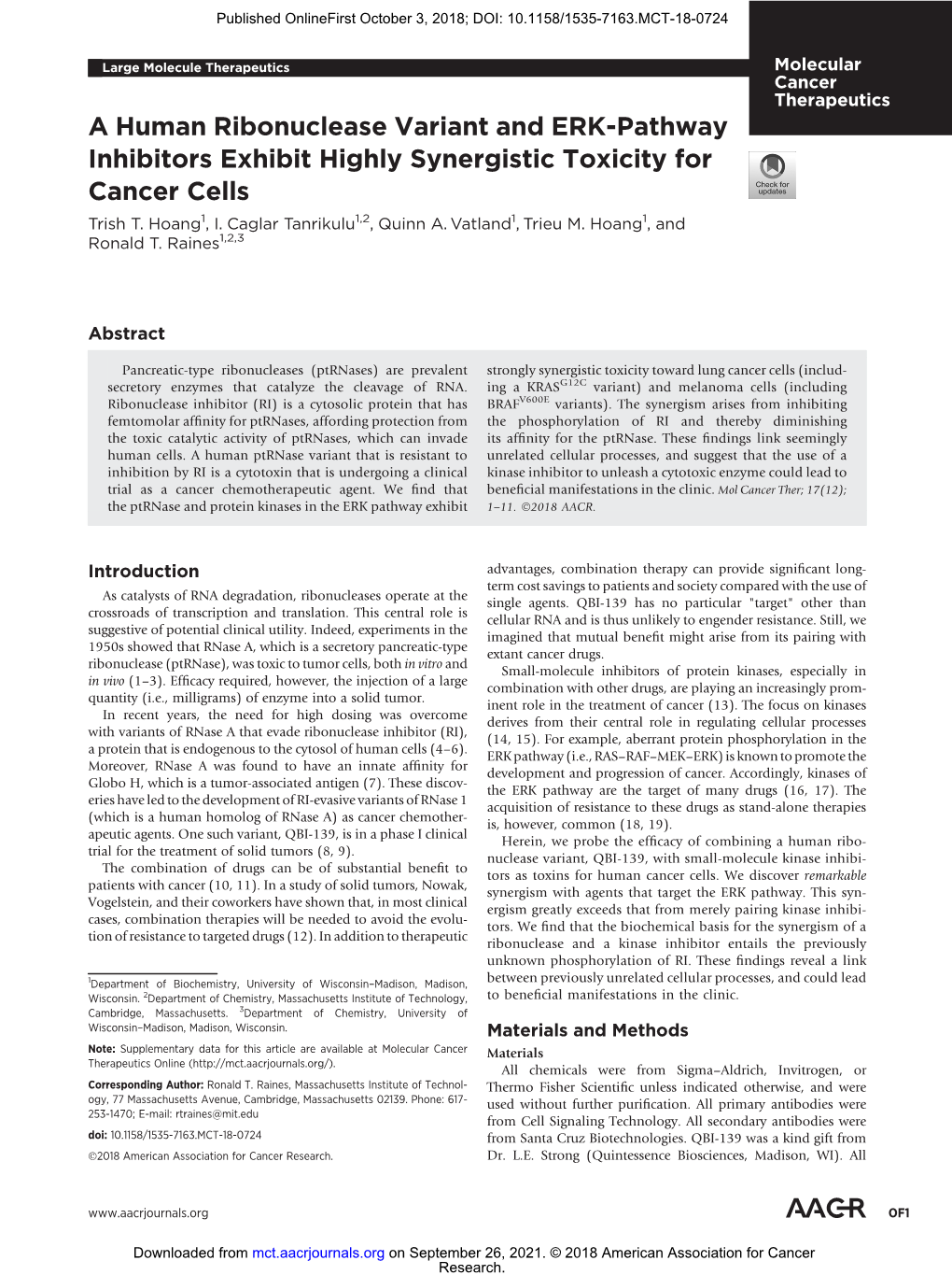 A Human Ribonuclease Variant and ERK-Pathway Inhibitors Exhibit Highly Synergistic Toxicity for Cancer Cells Trish T