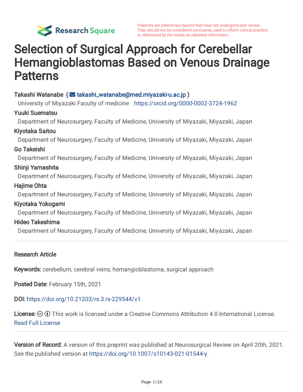 Selection of Surgical Approach for Cerebellar Hemangioblastomas Based on Venous Drainage Patterns