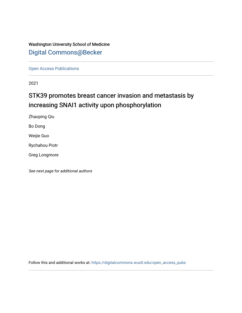 STK39 Promotes Breast Cancer Invasion and Metastasis by Increasing SNAI1 Activity Upon Phosphorylation