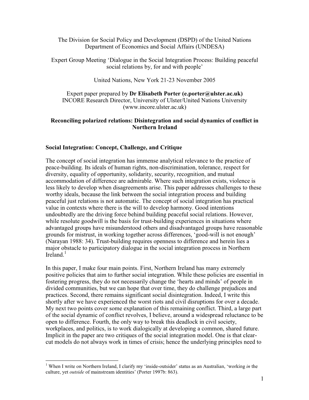 1 the Division for Social Policy and Development (DSPD) of the United Nations Department of Economics and Social Affairs (UNDESA