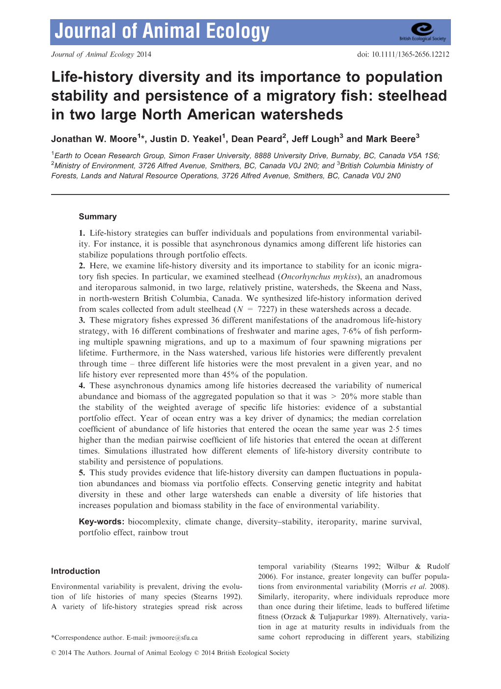 Life-History Diversity and Its Importance to Population Stability and Persistence of a Migratory ﬁsh: Steelhead in Two Large North American Watersheds