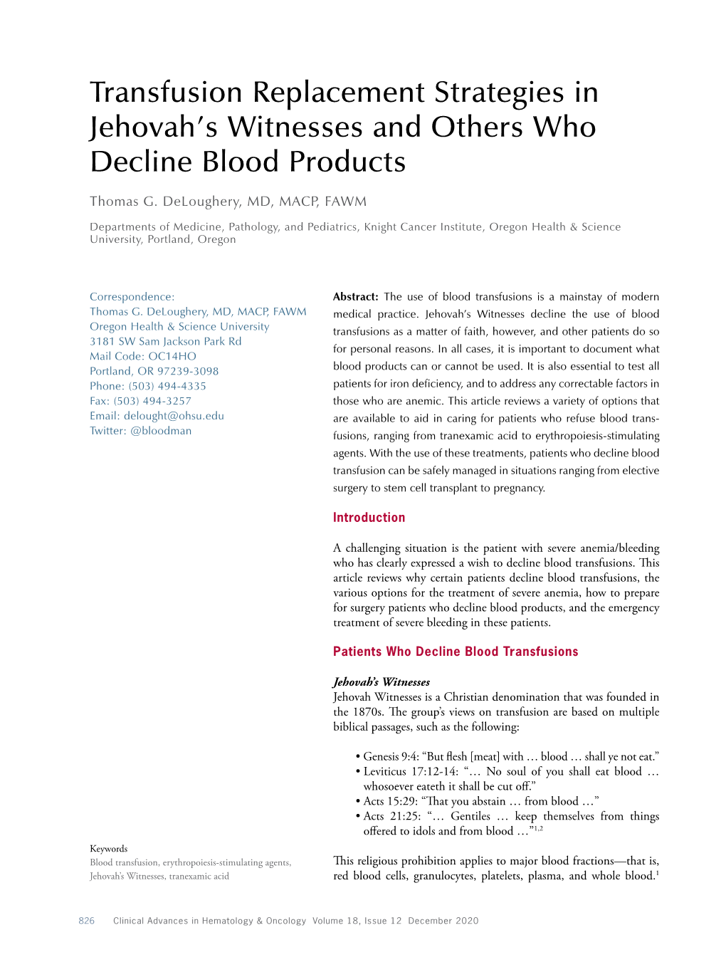 Transfusion Replacement Strategies in Jehovah's Witnesses and Others Who Decline Blood Products