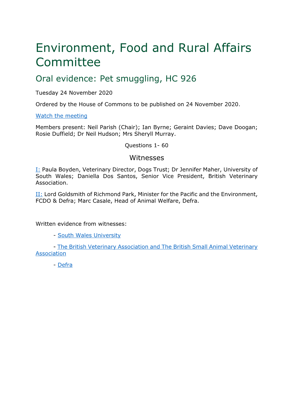 Environment, Food and Rural Affairs Committee Oral Evidence: Pet Smuggling, HC 926