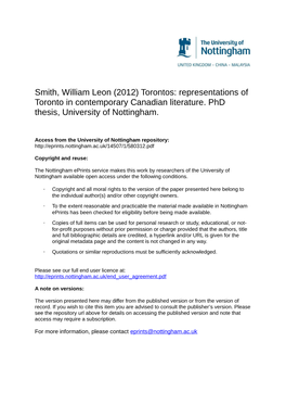 Smith, William Leon (2012) Torontos: Representations of Toronto in Contemporary Canadian Literature
