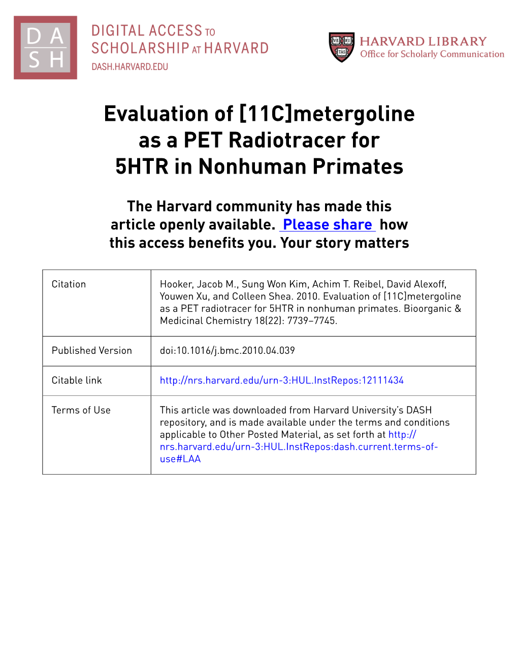 Evaluation of [11C]Metergoline As a PET Radiotracer for 5HTR in Nonhuman Primates