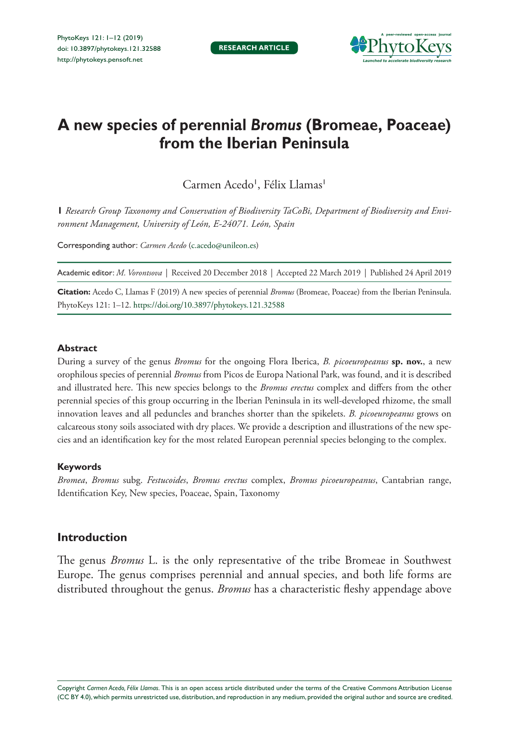 A New Species of Perennial Bromus (Bromeae, Poaceae) from the Iberian Peninsula