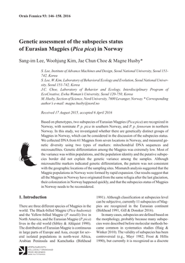 Genetic Assessment of the Subspecies Status of Eurasian Magpies (Pica Pica)Innorway