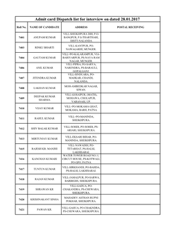 Admit Card Dispatch List for Interview on Dated 28.01.2017