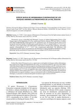 Especie Nueva De Weinmannia (Cunoniaceae) De Los Bosques Andinos Altimontanos De La Paz, Bolivia