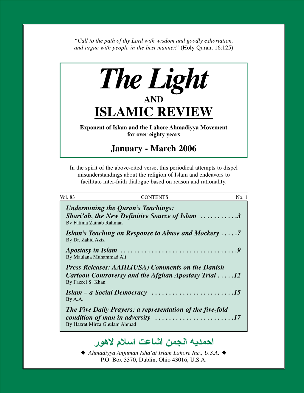 Light and ISLAMIC REVIEW Exponent of Islam and the Lahore Ahmadiyya Movement for Over Eighty Years January - March 2006