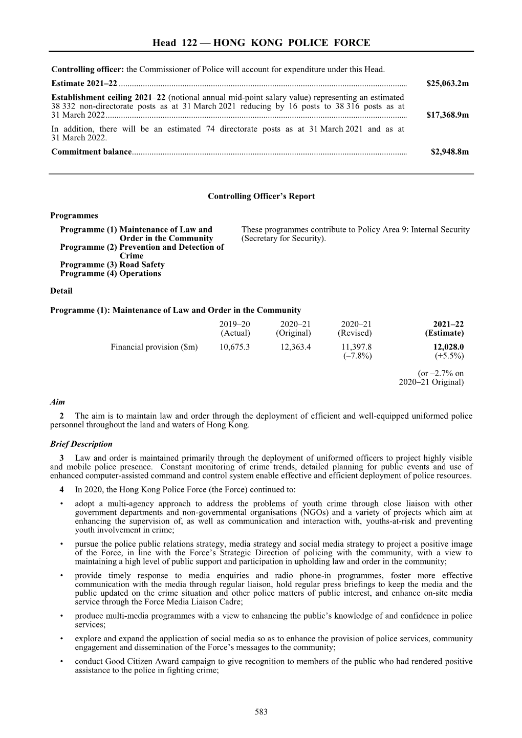 Head 122 — HONG KONG POLICE FORCE