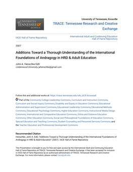 Additions Toward a Thorough Understanding of the International Foundations of Andragogy in HRD & Adult Education