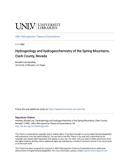 Hydrogeology and Hydrogeochemistry of the Spring Mountains, Clark County, Nevada