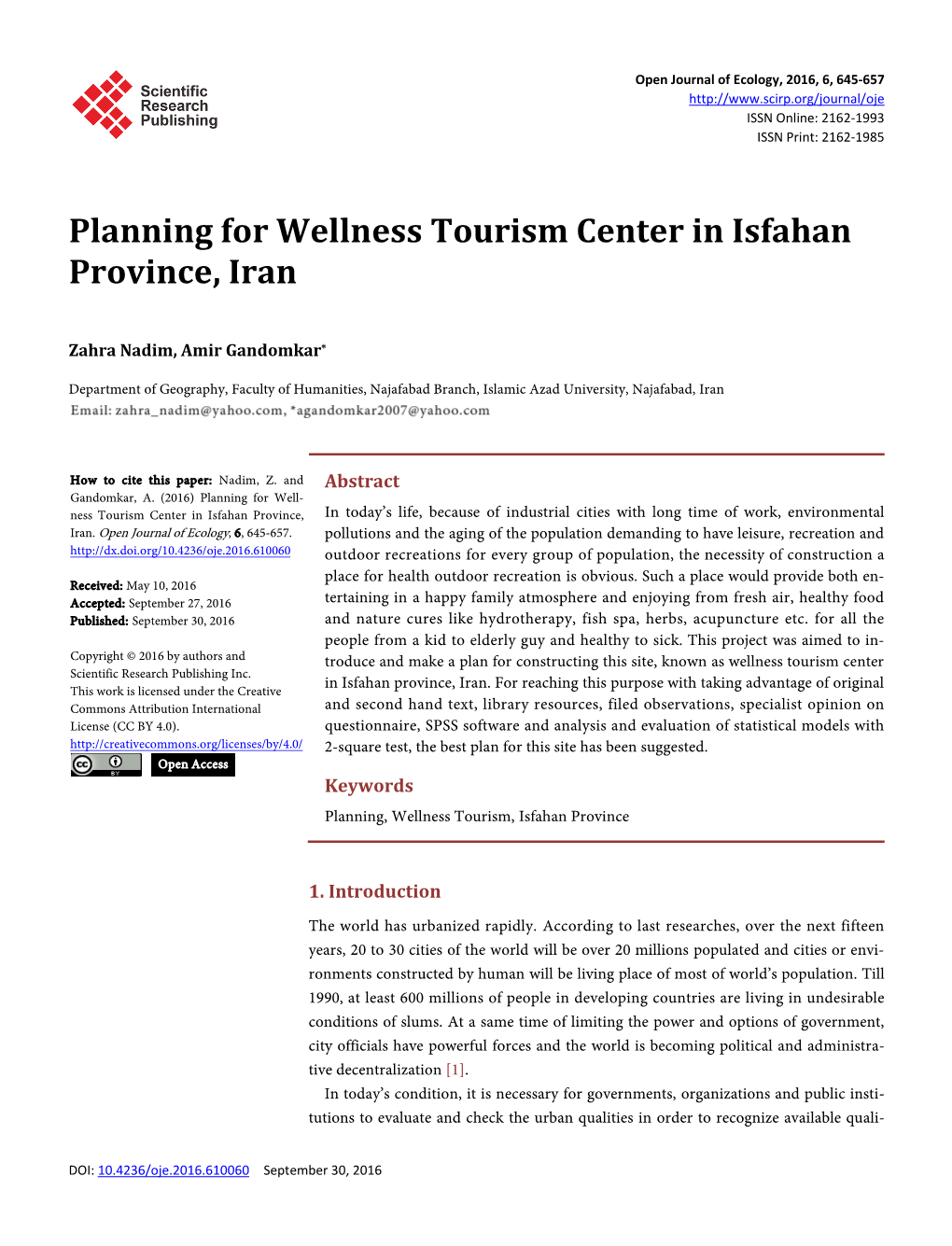 Planning for Wellness Tourism Center in Isfahan Province, Iran