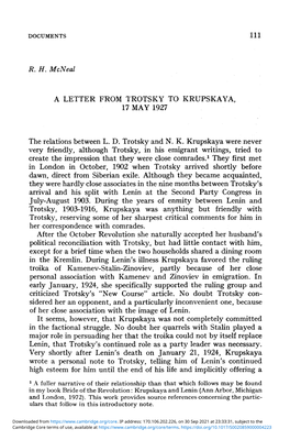 A Letter from Trotsky to Krupskaya, 17 May 1927