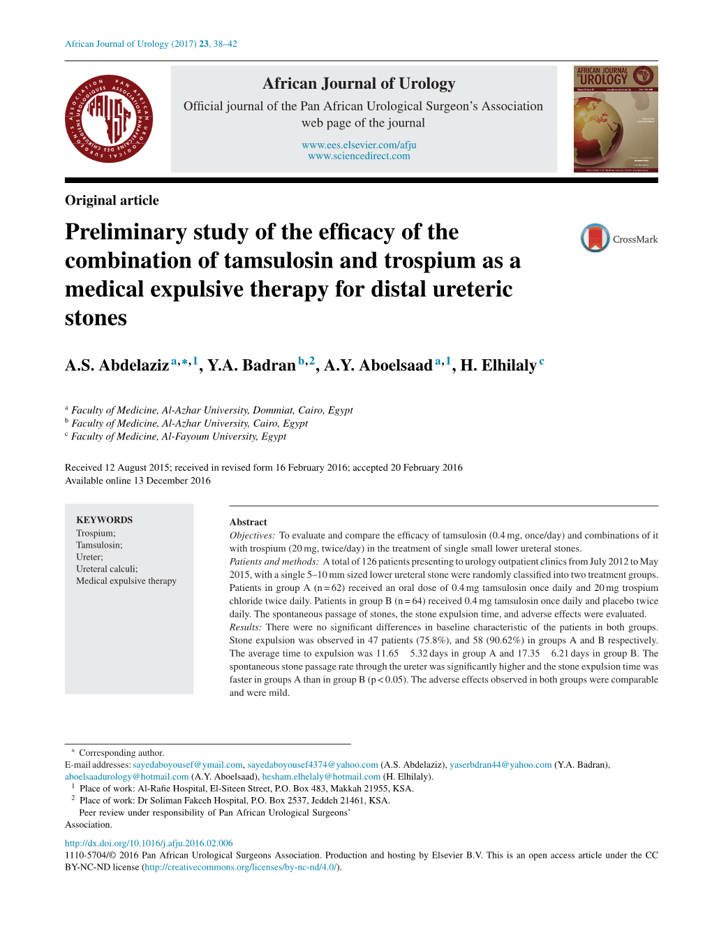 Preliminary Study of the Efficacy of the Combination of Tamsulosin