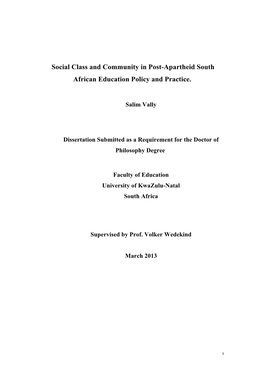 Social Class and Community in Post-Apartheid South African Education Policy and Practice
