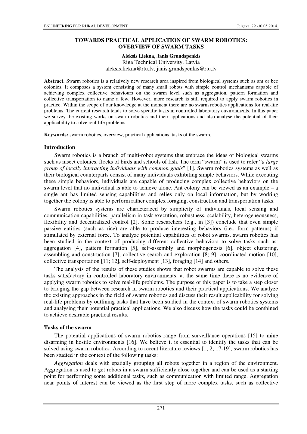 Towards Practical Application of Swarm Robotics: Overview of Swarm Tasks