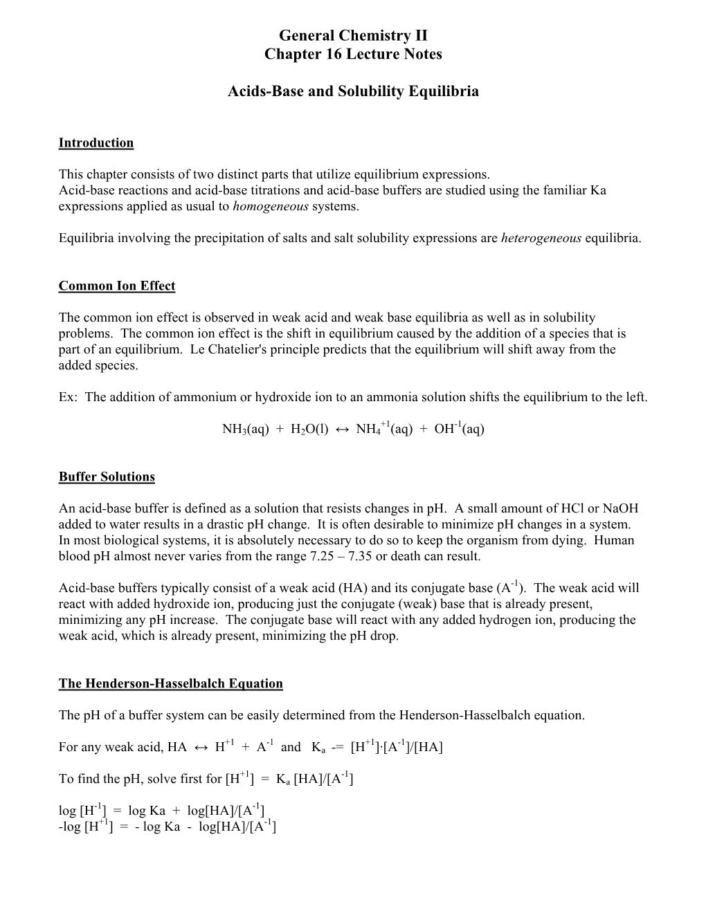 General Chemistry II Chapter 16 Lecture Notes Acids-Base And