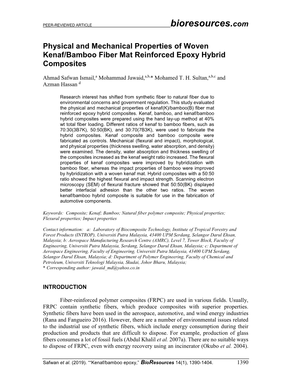 Physical and Mechanical Properties of Woven Kenaf/Bamboo Fiber Mat Reinforced Epoxy Hybrid Composites