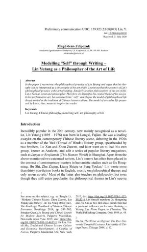 Modelling “Self” Through Writing – Lin Yutang As a Philosopher of the Art of Life