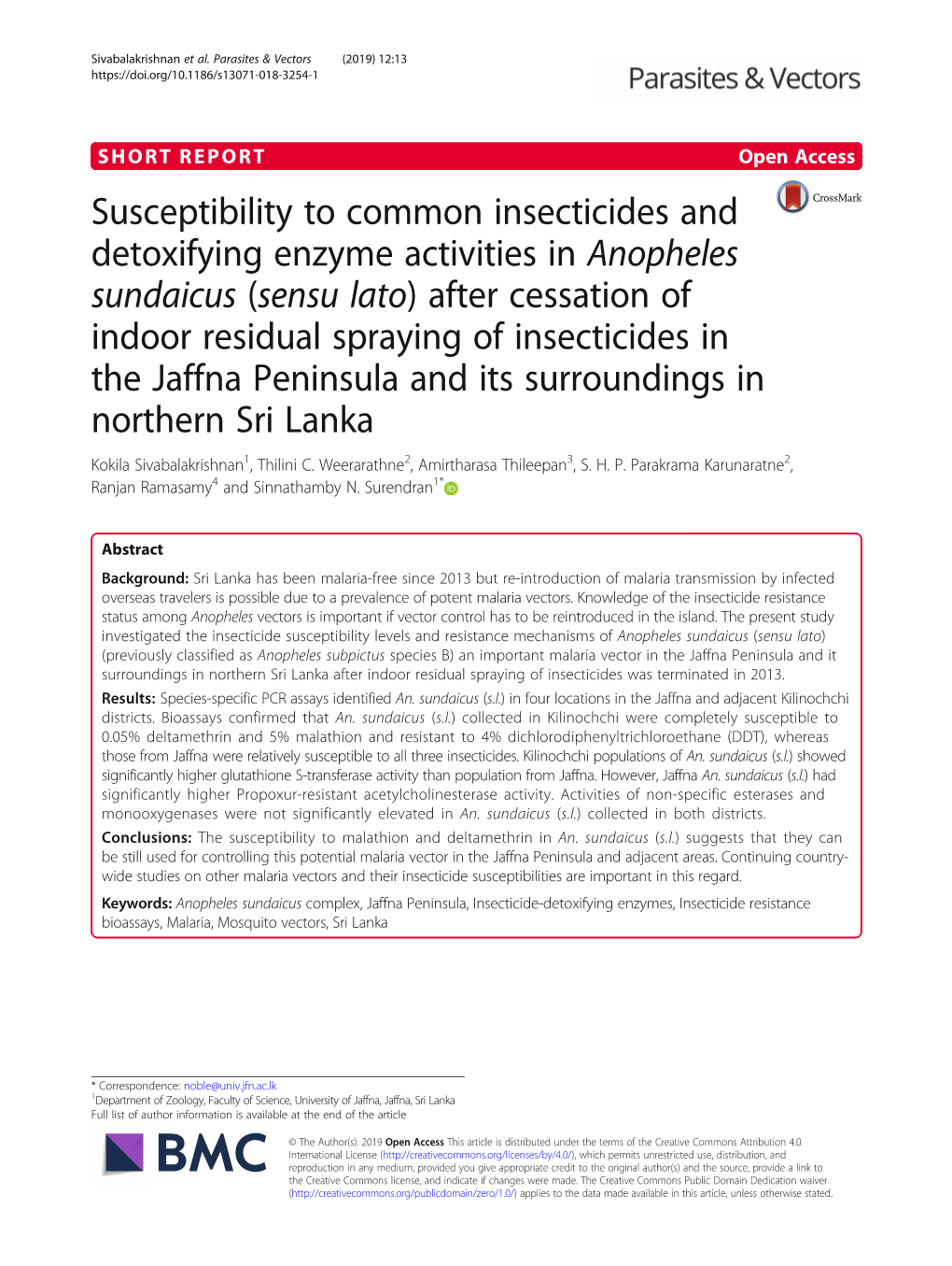 Susceptibility to Common Insecticides and Detoxifying Enzyme Activities In