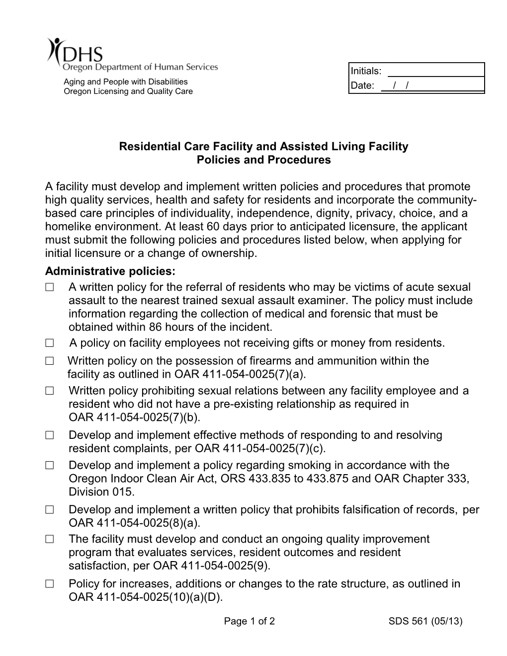 Residential Care Facility and Assisted Living Facility Policies and Procedures SDS 561 5.13