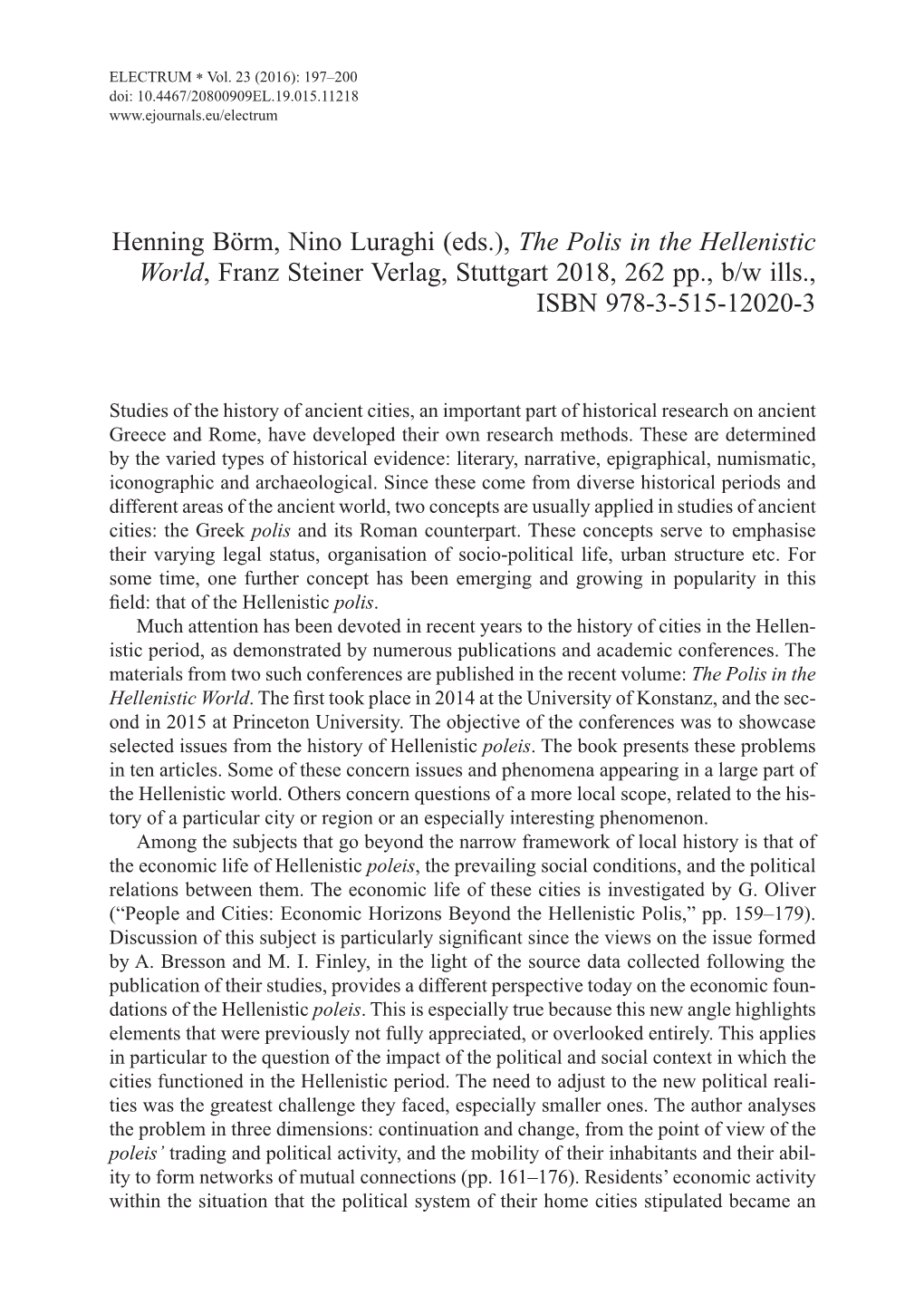 Henning Bör M, Nino Luraghi (Eds.), the Polis in the Hellenistic World