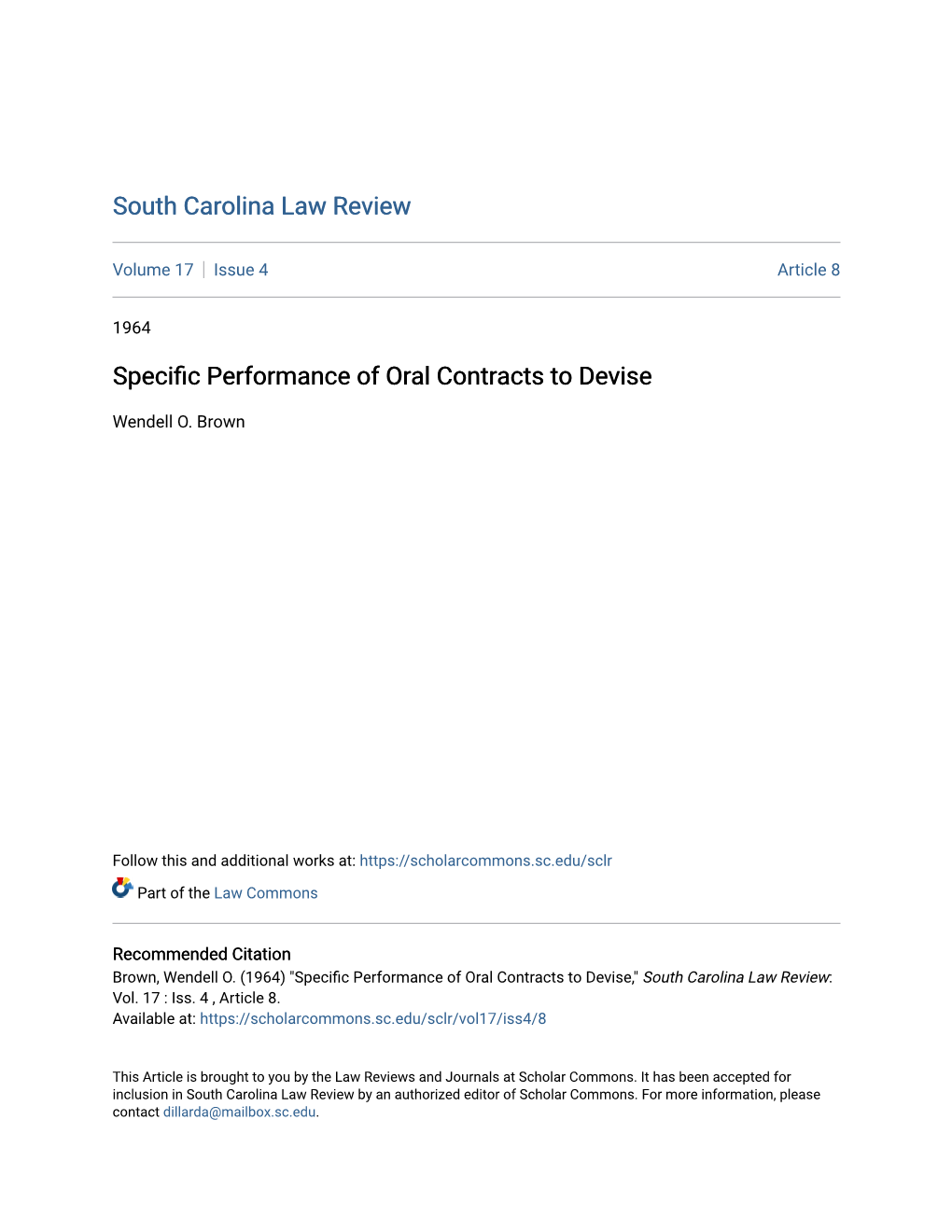 Specific Performance of Oral Contracts to Devise," South Carolina Law Review: Vol