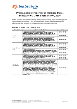 Programul Întreruperilor În Regiunea Banat Februarie 01, 2016 Februarie 07, 2016