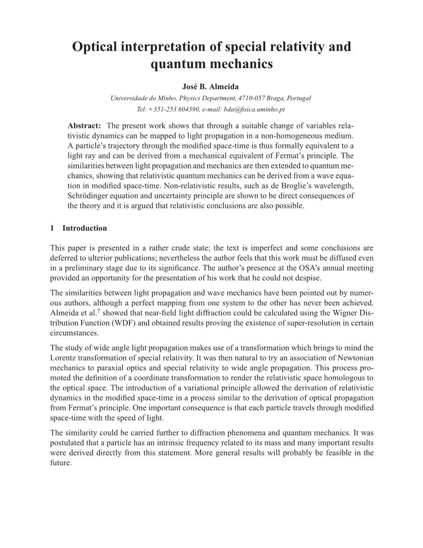 Optical Interpretation of Special Relativity and Quantum Mechanics