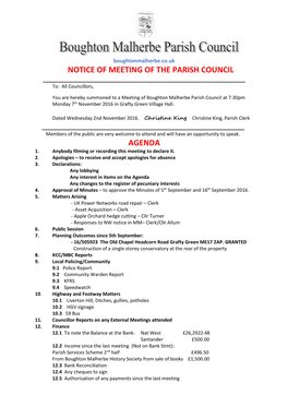 Notice of Meeting of the Parish Council Agenda