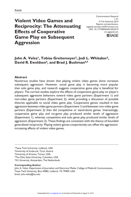 Violent Video Games and Reciprocity: the Attenuating Effects of Cooperative Game Play on Subsequent Aggression