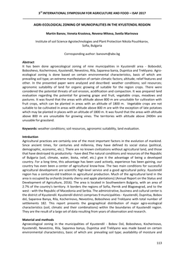 Agri-Ecological Zoning of Municipalities in the Kyustendil Region