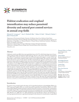 Habitat Eradication and Cropland Intensification May Reduce Parasitoid Diversity and Natural Pest Control Services in Annual Crop Fields Deborah K
